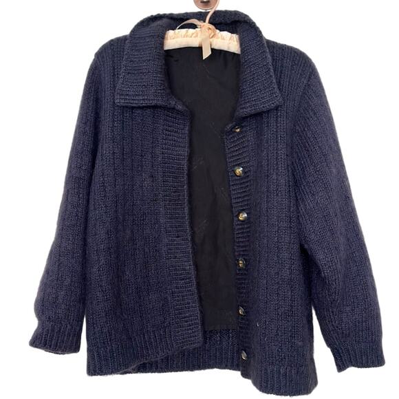 Vintage Mohair Medium Jacket Navy Button Up Cardigan Sweater Collared Cable Knit - Picture 1 of 7